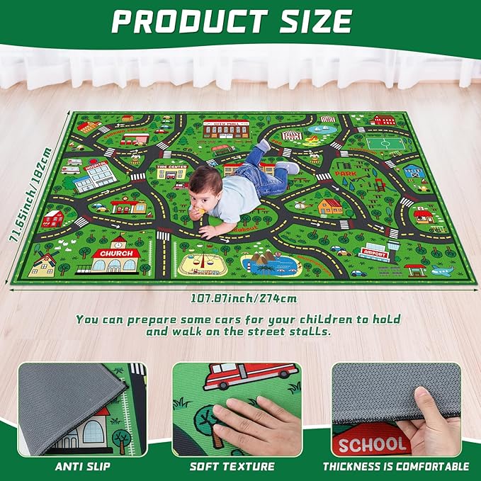 Tinideya Kids Carpet Playmat Rug Player Car Rug, 6 x 9 ft Traffic Map Mat Educational Game Area for Toddler Children Playroom Classroom Bedroom
