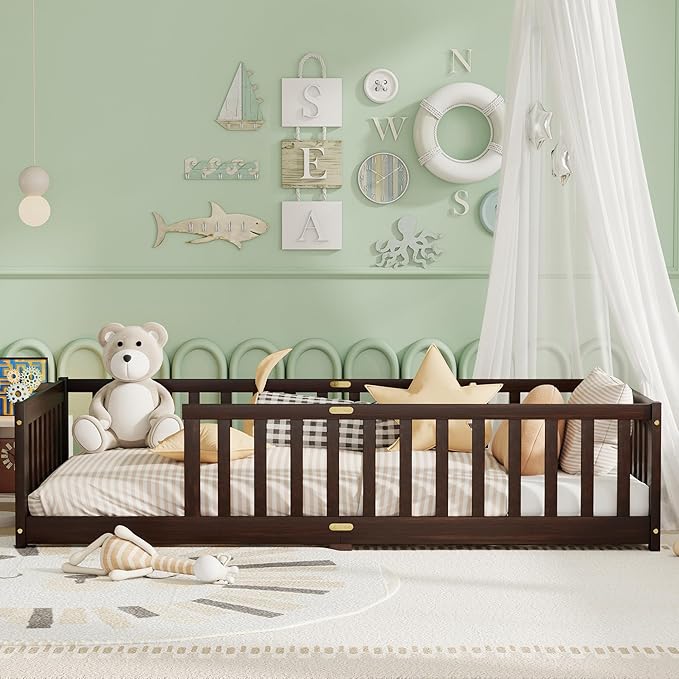 Twin Size Floor Bed for Kids, Wood Montessori Floor Beds with Fence Railings and Slats Support, Twin Playhouse Bed Frame for Boys Girls, No Box Spring Needed, Espresso