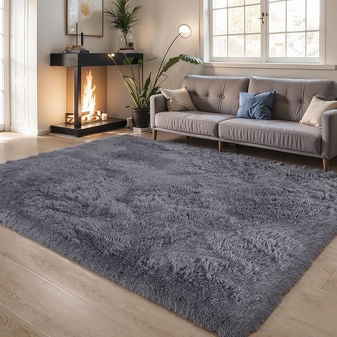 Thick Area Rug Grey Fluffy Shag 5x8 for Bedroom Living Room Washable Plush Fuzzy Carpet for Kids Girls Boys Baby Room Nursery Soft Furry Shaggy Indoor Floor Non Slip Rugs for College Dorm