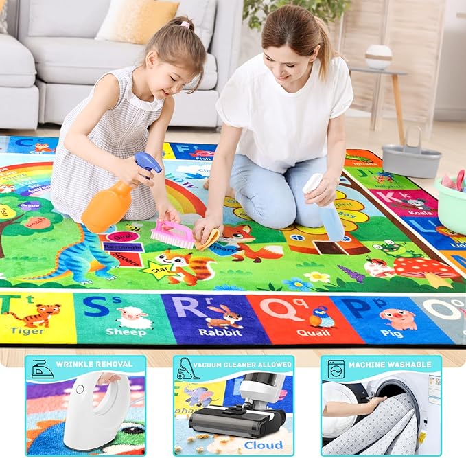 ABC Rug, Toddler Play Rug 6x9 Feet, Extra Thick (0.4in) Washable Baby Play Mat for Floor, Classroom Carpet Non-Slip for Learning, Alphabet, Nursery Mat for Crawling & Fun & Playroom Decor