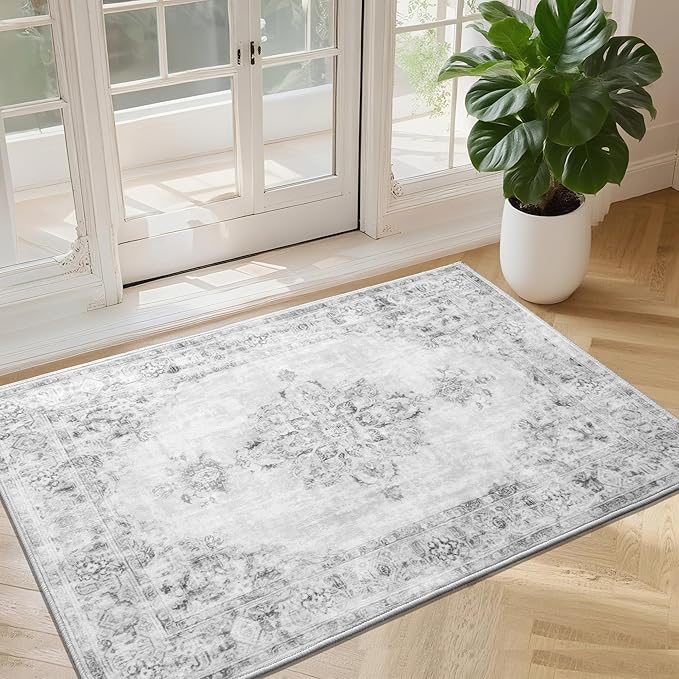 Area Rug 2x3, Washable Rug for Entryway Indoor, Small Area Rug for Living Room Entrance, Vintage Rug for Bedroom Doormat, Non Slip Soft Low Pile Carpet for Kitchen, Hallway, Office, Light Grey