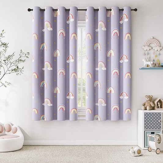 Vangao Boho Girls Blackout Curtains Purple for Kids Room 63 Inch Length, Rainbow Window Drapes for Living Room Nursery Thermal Grommet Insulated Room Darkening Curtains Bedroom, 2 Panels