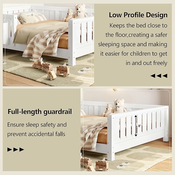 Bellemave Full Size Floor Bed with Slats and Safety Guardrail, Full Size Montessori Floor Bed with Fence and Built-in Bookshelf, Easy Assemble Montessori Beds for Kids, Girls, Boys, White