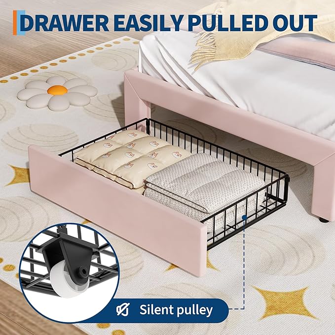 Twin Size Princess Bed Frame with LED Lights & Storage Drawer - Pink Velvet Upholstered Cat Headboard Platform Bed for Kid- Sturdy Wood Slats,No Box Spring Needed,App & Remote Control,Pink & White