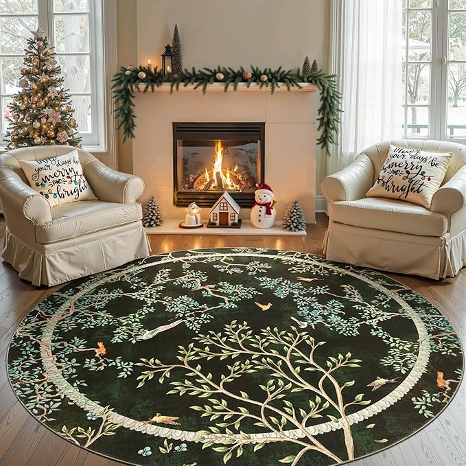 jinchan Yarden Christmas Round Rugs 7ft Moss Green Botanical Birds Print,Machine Washable 7' Circle Nature Plants Modern Soft Non-Slip Kids Throw Area Rugs, Low Pile Carpet for Living Room Bedroom