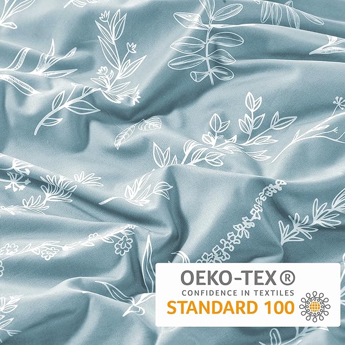 MUXHOMO Duvet Cover Queen Size, Reversible Floral Mineral Blue Duvet Cover Set with Zipper Closure, 3 Pieces Botanical Patterns Soft Microfiber Bedding Set with 4 Ties (90"x90", 2 Pillow Cases)