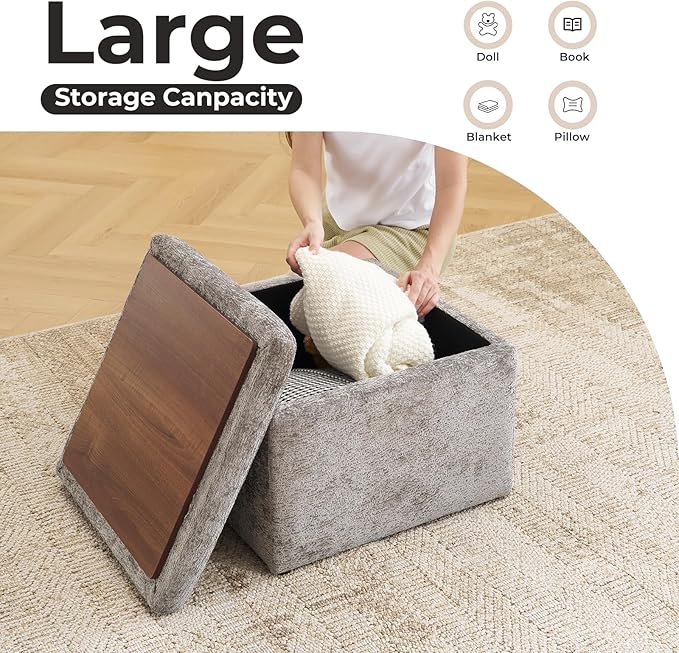Modern Cube Storage Ottoman, Chenille Ottoman Foot Stools, Ottoman Footstool with Removable Lid, Storage Ottoman for Chair, Multi-Functional Footrest, Dark Grey