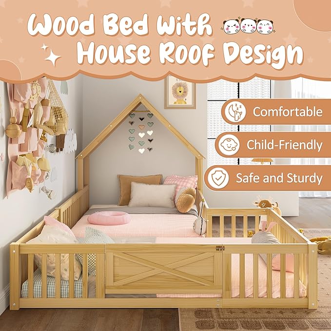 Harper & Bright Designs Full Size House Shaped Double Floor Bed with Door and Full-Length Guardrails, Solid Wood Kids Montessori Floor Bed for Girls Boys, Multi-Function, Natural