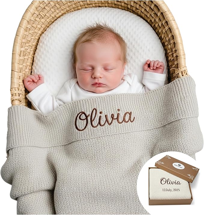 Custom Baby Blanket - 100% GOTS Certified Organic Cotton - Personalized Baby Blanket for Boys and Girls - Embroidered Swaddle, Monogrammed Baby Name Blankets (Earth Ivory)