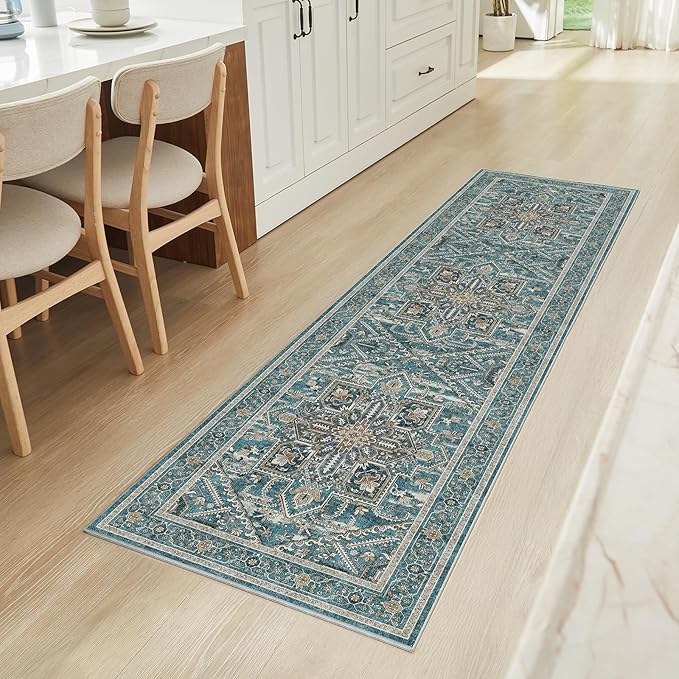 WITSHOCK 2x8 Teal Runner Rug for Hallway, Washable Rug Distressed Boho Soft Low Pile Stain Resistant Foldable Carpet for Kitchen Entryway Indoor Entrance Laundry Vintage Farmhouse Home Decor