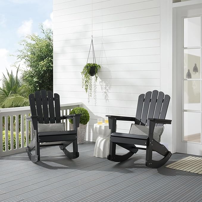 Psilvam Outdoor Adirondack Patio Rocking Chair, Poly Lumber Porch Rocker with High Back, Outdoor Rocking Chairs Set of 2 (Black)