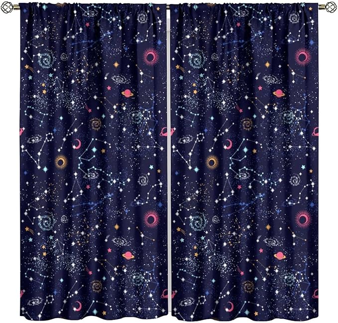 Kids Galaxy Curtains, Fantasy Stars Outer Space Universe Planets Print Window Treatments for Boys Girls Bedroom Nursery Playroom 52" W X 84" L