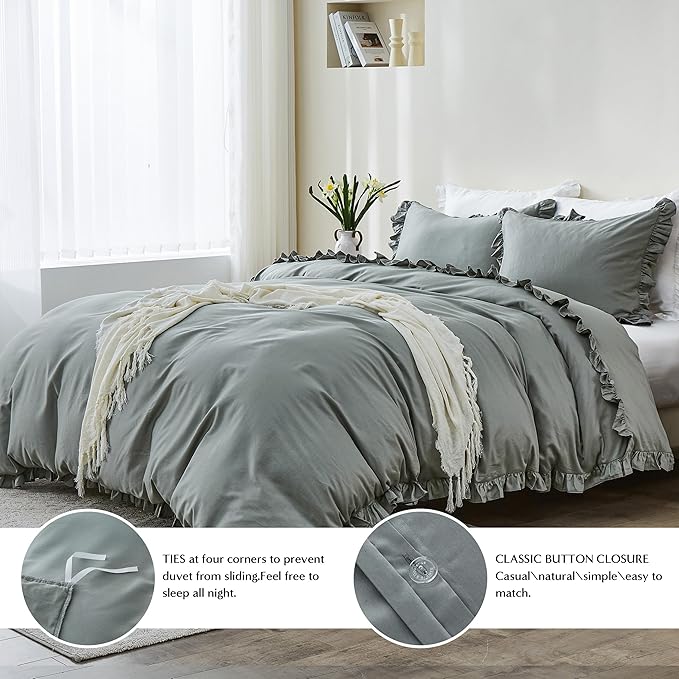 Simple&Opulence Kids 100% Organic Cotton Full Duvet Cover Ruffle 3Pcs(1 Comforter Cover 2 Pillowcases) Cute Lace Vintage Boho Shabby Chic Farmhouse Bedding Set Teen Girls(Gray, Full)
