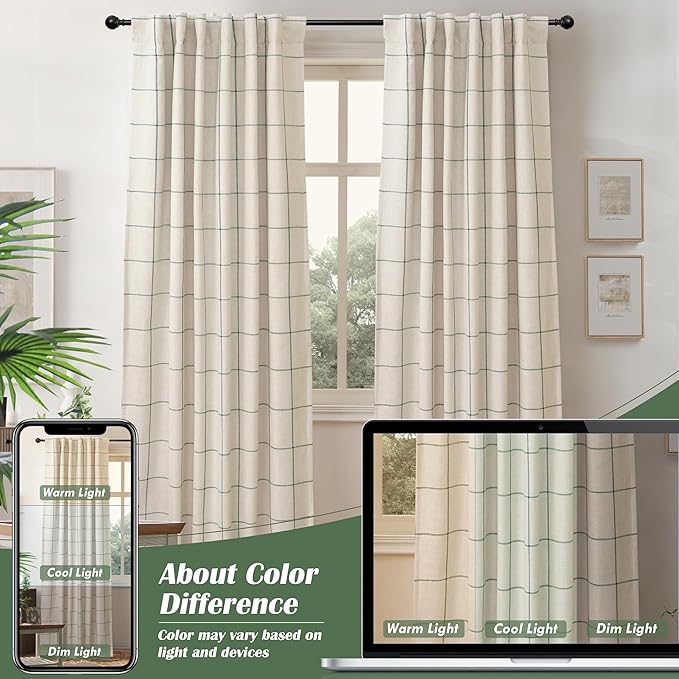 DriftAway 2 Panels 100% Blackout Windowpane Plaid Linen Curtains Double Layer Drapes for Bedroom 63 Inches Long Farmhouse Thermal Insulated 3.25 Inch Rod Pocket Back Tab for Living Room Loden Green