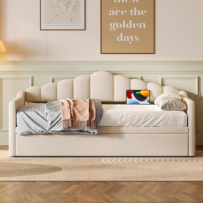 SOFTSEA Twin Daybed with Pop Up Trundle, Extendable Corner Day Bed with USB Ports, Velvet Tufted Sofa Bed Frame with Curved Backrest for Bedroom, Living Room, Beige
