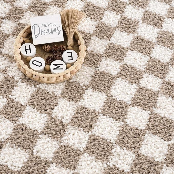 Hauteloom Kieu Contemporary Checkered Fluffy Shag Area Rug - Modern Geometric Soft Carpet Tiles for Living Room, Kids Room, Nursery - Gray, Taupe, White - 6'7" x 9'