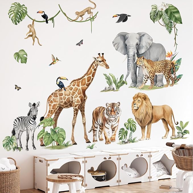 decalmile Large Animals Safari Elephant Giraffe Wall Decals Jungle Animals Lion Leopard Zebra Wall Stickers Baby Nursery Kids Room Wall Decor(XXL)