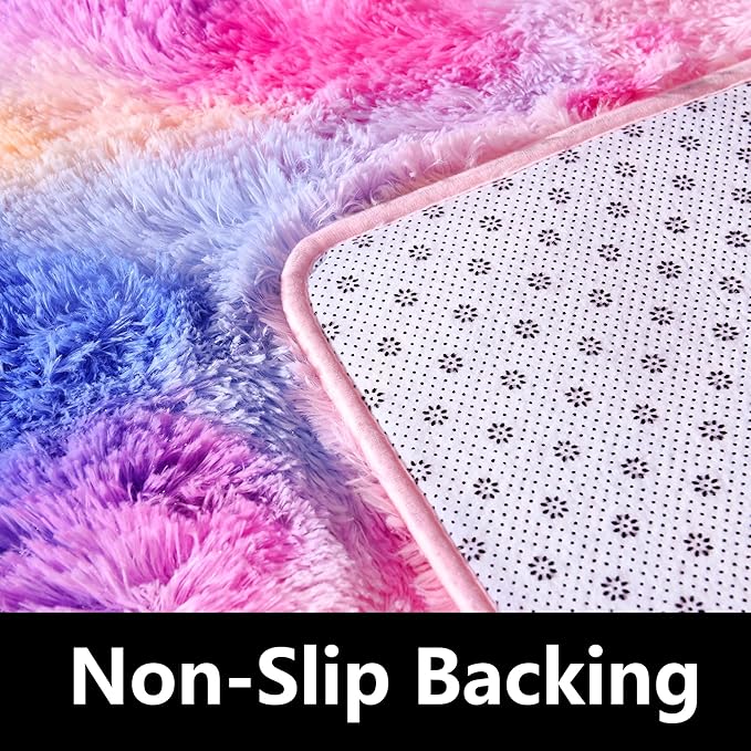 Rainbow Rug - 2x6' Runner Non-Slip Height Pile 1.4" Plush Rug Rubber Back - Throw Carpets for Bedroom - Multicolor