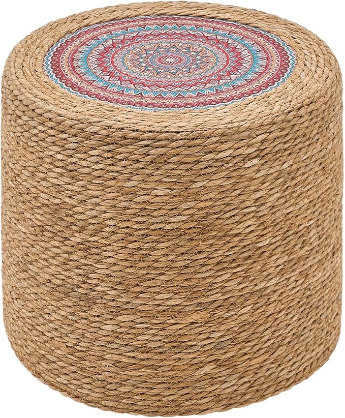 Wimarsbon 18'' Ottoman Pouf, Natural Braided Poof, Rustic Handweave Lounge Pouffe, Boho Footrest Stool for Bedroom, Accent Table for Living Room (18inch Natural Cattail-Boho Style 1)