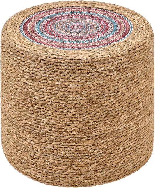 Wimarsbon 18'' Ottoman Pouf, Natural Braided Poof, Rustic Handweave Lounge Pouffe, Boho Footrest Stool for Bedroom, Accent Table for Living Room (18inch Natural Cattail-Boho Style 1)
