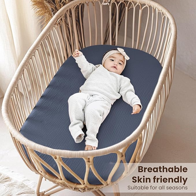 Konssy 2 Pack Muslin Bassinet Sheets for Baby Boy, 100% Cotton Soft Breathable Bassinet Mattress Sheets Fit for Hourglass Oval Cradle Rectangle Mattress (Navy,Cream)