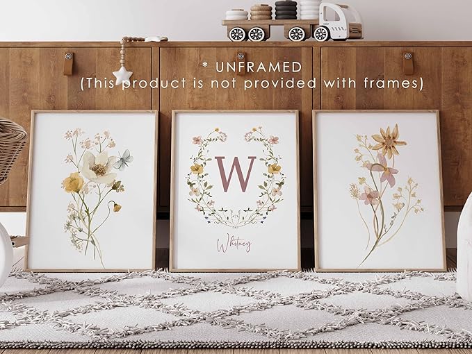 Personalized Name Flower Nursery Wall Art Prints, Crib & Nursery décor, Newborn Baby Girl Gift Present, Floral Baby Girl Room Pictures, Poster For Baby And Kids (3 Prints, Flower 3)