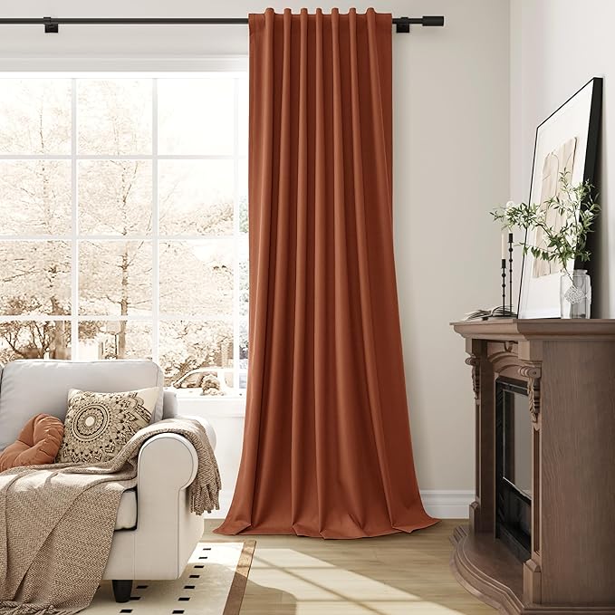 Guken Terracotta Linen 100% Blackout Curtains for Bedroom 120 Inches Long Textured Light Blocking Thermal Insulated Soundproof Back Tab Hook Belt Dining Room Living Room 2 Panels Set Sorrel 52x120