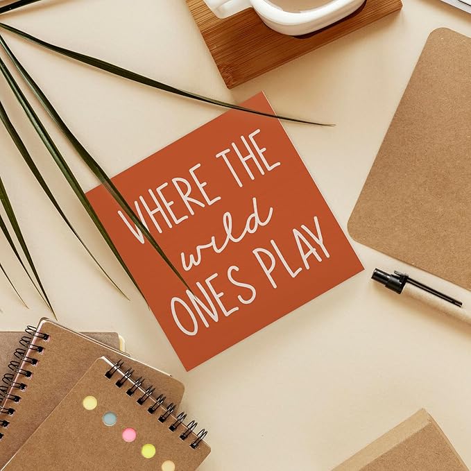 Where The Wild Ones Play Orange Wood Box Sign Desk Decor 5X5, Nursery Kids Room Wooden Block Sign Decorations for Playroom Toddler Boys Girls Room Wall Tabletop Shelf Decor