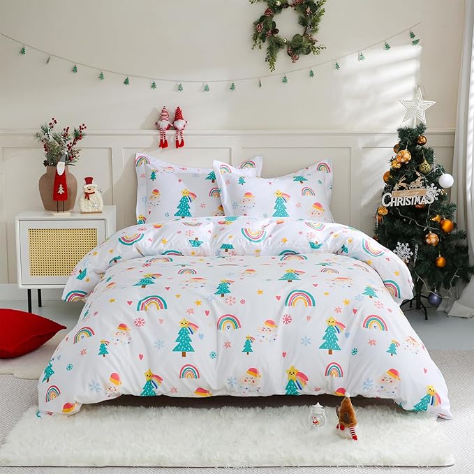 JSD Christmas Kids Duvet Cover Set Twin Size, 2 Piece Printed Microfiber Comforter Cover with Pillow Sham Zipper Closure, Comforter Not Included
