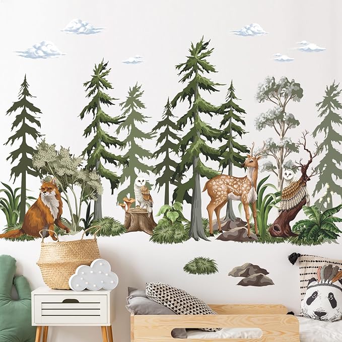 37x58.3 Inch Large Mountain Forest Tree Wall Decals Removable Woodland Animals Fox Deer Peel and Stick Wall Stickers Watercolor Jungle Animals Pine Tree Wall Decor for Kids Bedroom Decoration