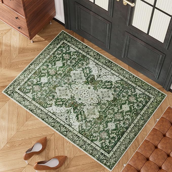 AMTOVO 2x3 Washable Entryway Area Rug Door Mat, Vintage Boho Distressed Print Pattern Non-Slip Carpet, Small Throw Rug for Indoor Entrance Kitchen Bedroom Bathroom Laundry Floor, Dark Green