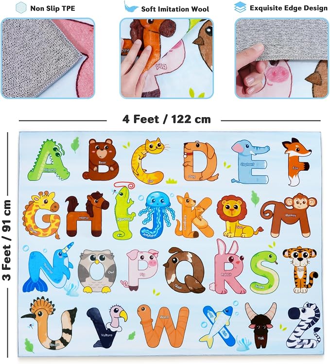 Kids Rugs for Playroom, 3x4 Feet Educational Rug for Learn The ABC Alphabet, Soft Machine Washable Non-Slip Cute Animal Carpet for Classroom Toddler Nursery Kids Room Decor Mat, Blue