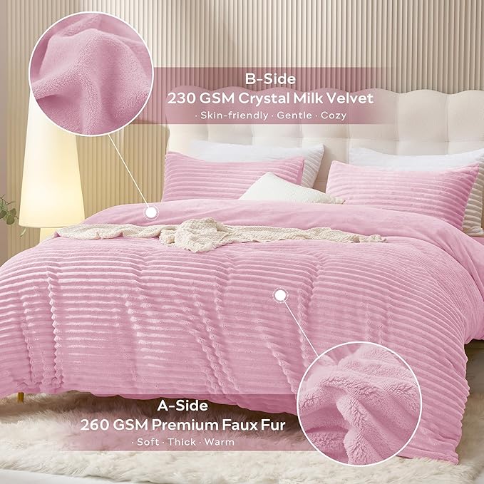 JELLYMONI Plush Duvet Cover Set - King Size Pink Striped Fluffy Comforter Cover 3pcs Bedding Set Luxury Ultra Soft Faux Fur Duvet Cover with Zipper and 2 Pillowcases (NO Comforter)