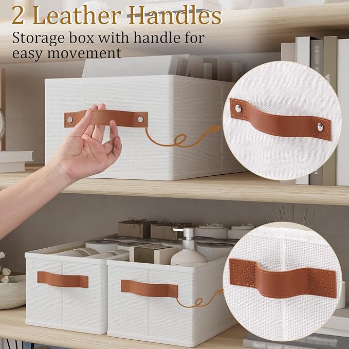 OUTBROS Fabric Storage Boxes, Foldable Bins With Handles, Wardrobe Baskets for Organizing, For bedrooms, living rooms, Shelves, White, 16.1 x 6.5 x 9.8 inch, 6-Pack