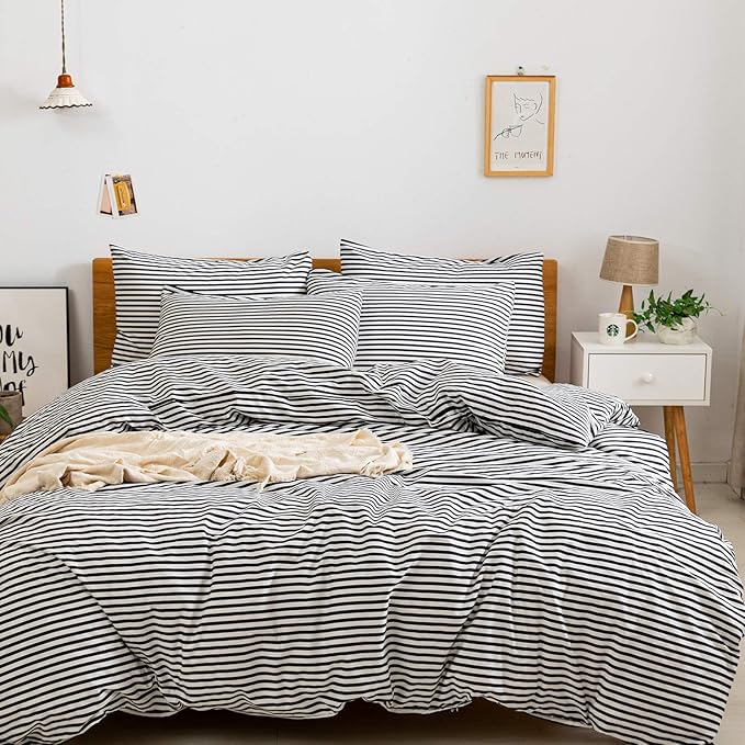 JELLYMONI 100% Natural Cotton 3pcs Striped Duvet Cover Sets,White Duvet Cover with Black Stripes Pattern Printed Comforter Cover,with Zipper Closure & Corner Ties(Queen Size)