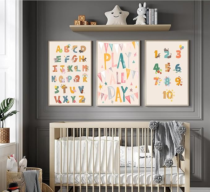 Burshley 3pcs Children Playroom Wall Art Canvas Prints ABC Learning Posters Play All Day Flags 123 Counting Paintings Colorful Educational Kids Wall Decor Nursery Kindergarten Decoration Unframed