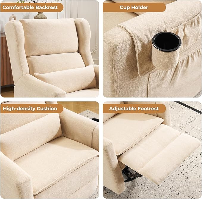 Swivel Rocker Recliner Chair,Comfy Glider Rocker Recliner with Adjustable Headrest,Rocking Chair Nursery for Living Room & Bedroom,Chenille,Beige
