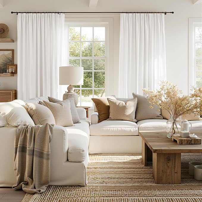 jinchan Linen Blend Curtains 96 inch Length 2 Panels for Bedroom Living Room, Floor to Ceiling 50 inch Wide Farmhouse Drapes with Rod Pocket Back Tab(50W x 96L, Off White)