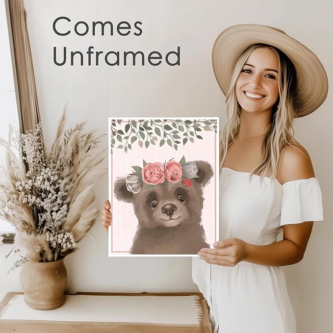 DREAM BIG PRINTABLES Woodland Animals Nursery Wall Art Prints (Set of 6) - Unframed - 8x10s | Set Includes Bear, Fox, Owl, Deer, Bunny Rabbit, and Raccoon wearing Floral Crowns