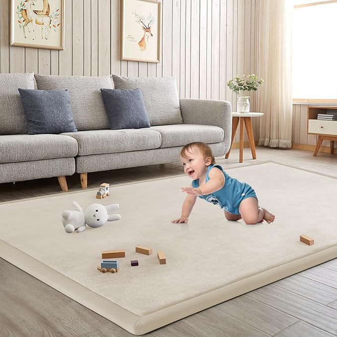 Baby Play Mat for Floor Tummy Time Mat Nursery Muscle Area Rug Playroom Rug Tatami 59"*71" Memory Foam 1.3" Thick Crawling For Babies,Toddlers, Infants, Kids,Floor(Beige)