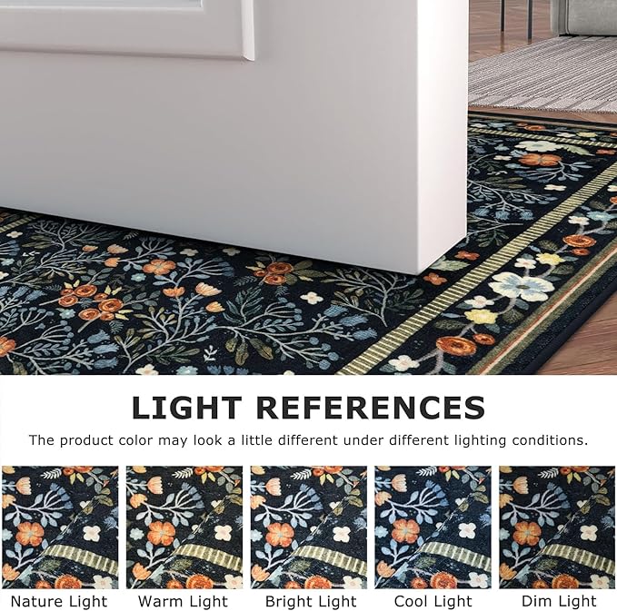Area Rugs for Living Room 6x9, Washable Non-Slip Thin Floral Vintage Boho Rug for Bedroom Dining Room Office, Non-Slip Rug for Kitchen Indoor Lightweight Carpet, Black/Multi