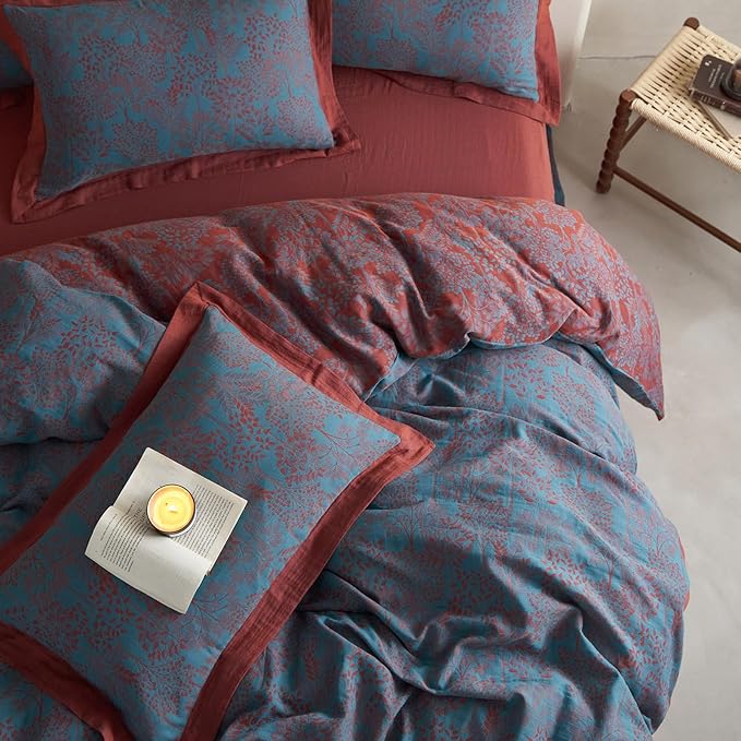 Vintage Blue Floral Duvet Cover Queen Retro Forest Theme Jacquard Duvet Cover Reversible Burgundy Floral Comforter Cover Linen Cotton Yarn-Dyed Textured Duvet Cover Botanical Farmhouse Bedding Set