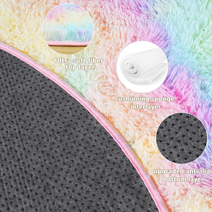 4'x4' Rainbow Round Rugs for Girls Bedroom, Ultra Soft Fluffy Circle Rug for Kids Room, Cute Shag Rugs for Living Room Playroom Tent Castle Home Decor Rug