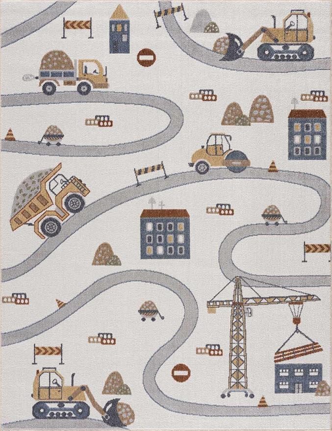 Hauteloom Olwen Kids Room, Nursery, Playroom Machine Washable Area Rug - Road, Construction Vehicles - Cream, Light Gray - 7'10" x 10'