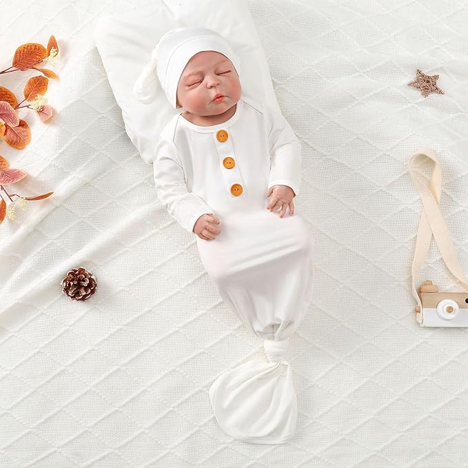 OPAWO Knotted Gown Baby Newborn Sleepers Baby Boy Coming Home Outfit, Bamboo Viscose Baby Gowns with Mitten Cuffs and Hat Set