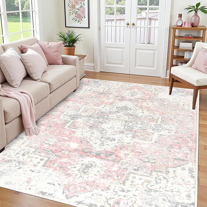 Area Rug 5x7 Pink and Grey Non Slip Washable Rugs for Bedroom Girls, Boho Accent Rug Indoor Vintage Mat Soft Pink Printed Floor Carpet for Nursery Dining Room Living Room