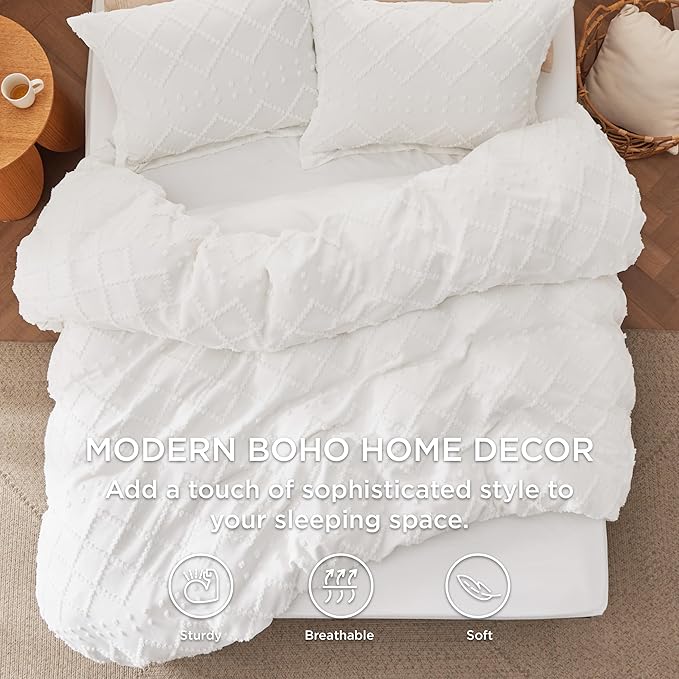 Bedsure Boho Duvet Cover Queen Size with Fitted Sheet - Boho Bedding Comforter Set, 4 Pieces, Includes 1 Duvet Cover 90"x90" with Zipper Closure, 2 Pillow Shams, 1 Fitted Sheet, White