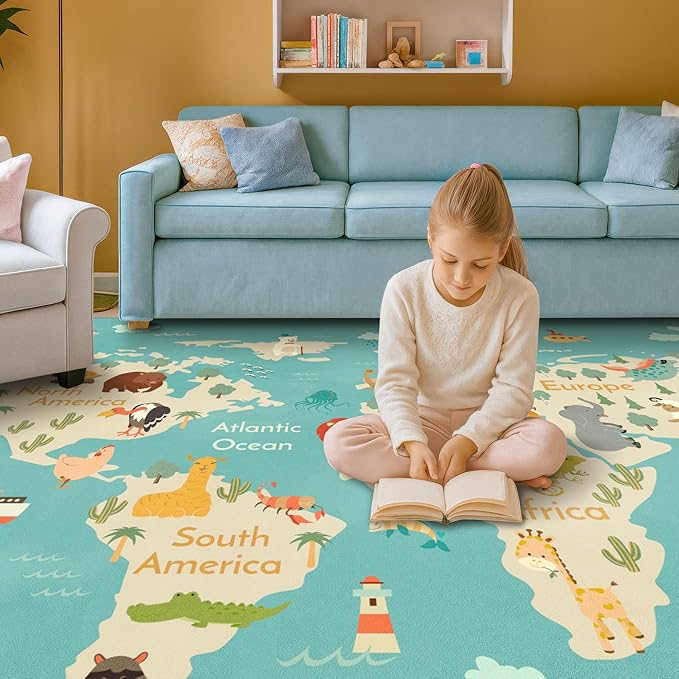 Large 8x10 Playroom Rugs - Kids Play Rug for Classroom Elementary, Bedroom, Living Room, Washable Soft Cute World Map Carpet with Ocean, Continents & Animals
