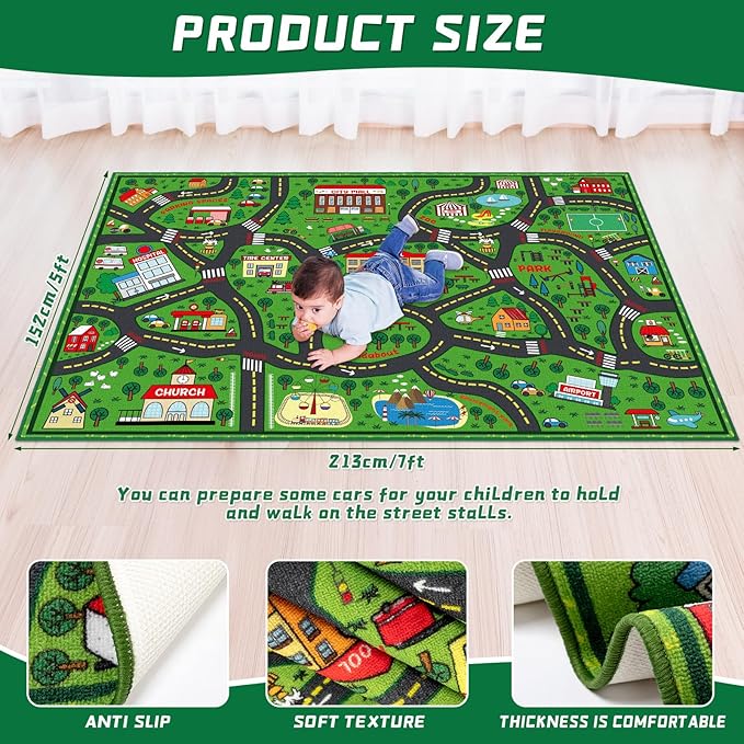 Tinideya Kids Carpet Playmat Rug Player Car Rug, 5 x 7 ft Traffic Map Mat Educational Game Area for Toddler Children Playroom Classroom Bedroom (City, Green)