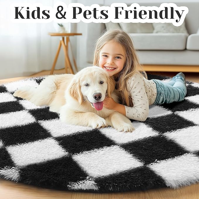 KICMOR Round Rugs 7ft Black and White Circle Area Rug, Fluffy Soft Large Fuzzy Shag Shaggy Bedroom Living Room Carpet, Indoor Checkered Circular Rug for Kids Boys Girls Home Decor Aesthetic, Nursery